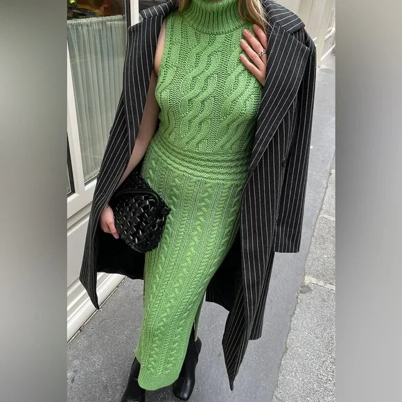 NA-KD Green Cable Knit High Neck Dress - Picture 3 of 9